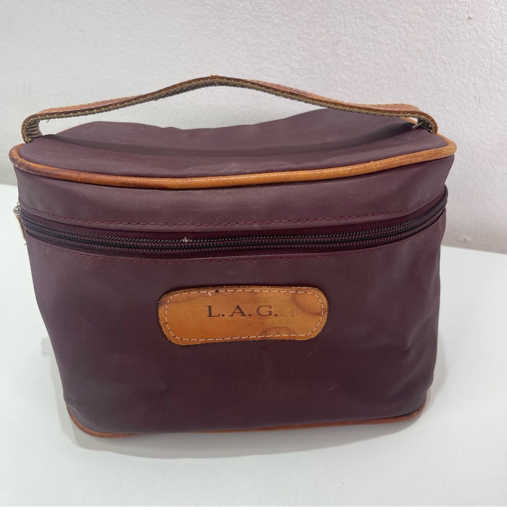 Jon Hart Burgundy Canvas Travel Zip Cosmetic Leather Bag  Makeup Case